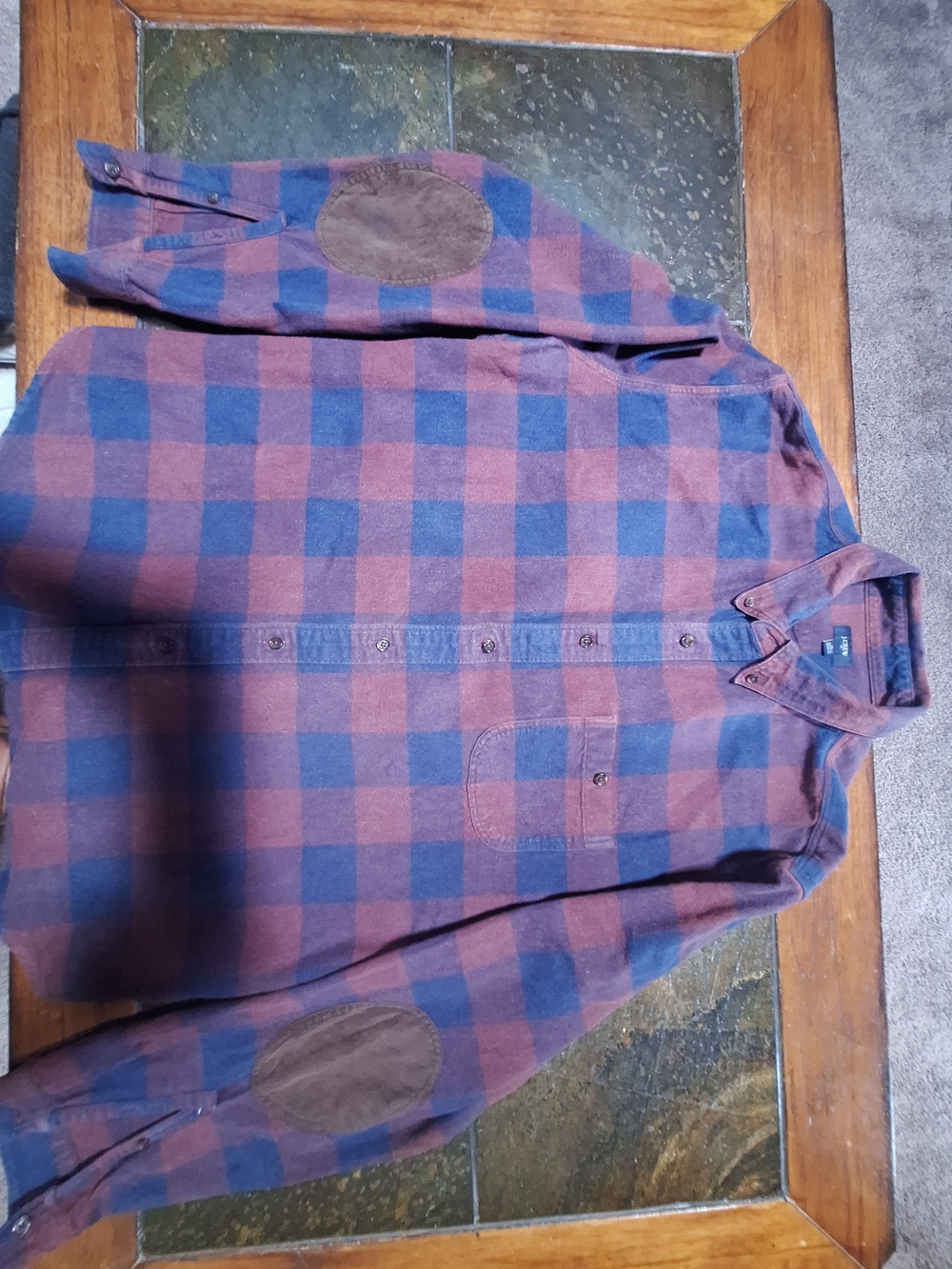J. Crew Men's Blue and Brown Checkered Button-Down Shirt with Elbow Patches